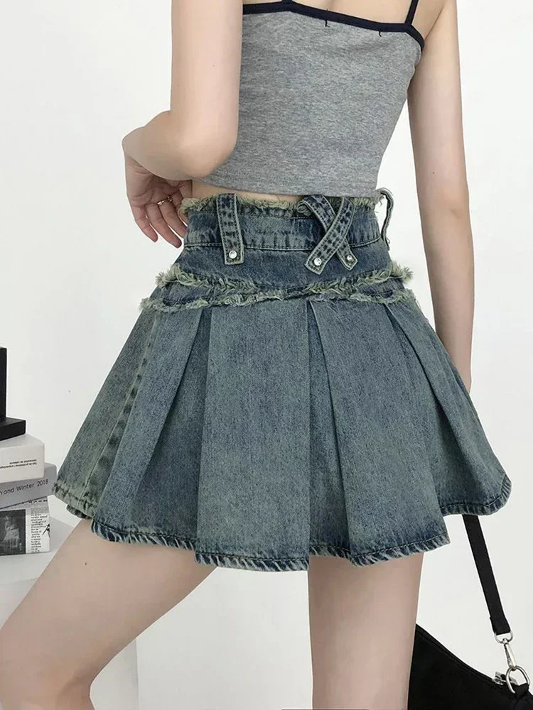 Vintage Pleated Denim Skirt Women Streetwear High Waist Y2k Mini Skirts American Retro Casual Female Summer A Line Skirts