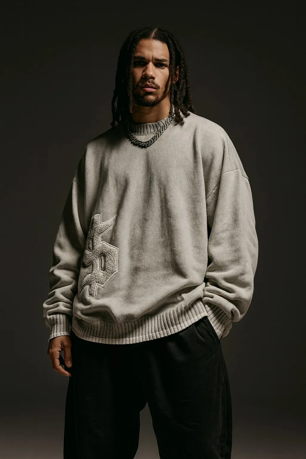 Suéter Retro informal gris de manga larga para hombre, jersey gótico con bordado de dólar, ropa de calle gótica, dinero viejo Y2K, ropa de punto Boxy