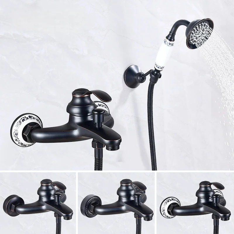 Antique Bronze Bathroom Shower Faucet Set Brass Gold Bathroom Rainfall Shower Faucet Wall Mounted Bath and Shower Faucet Set