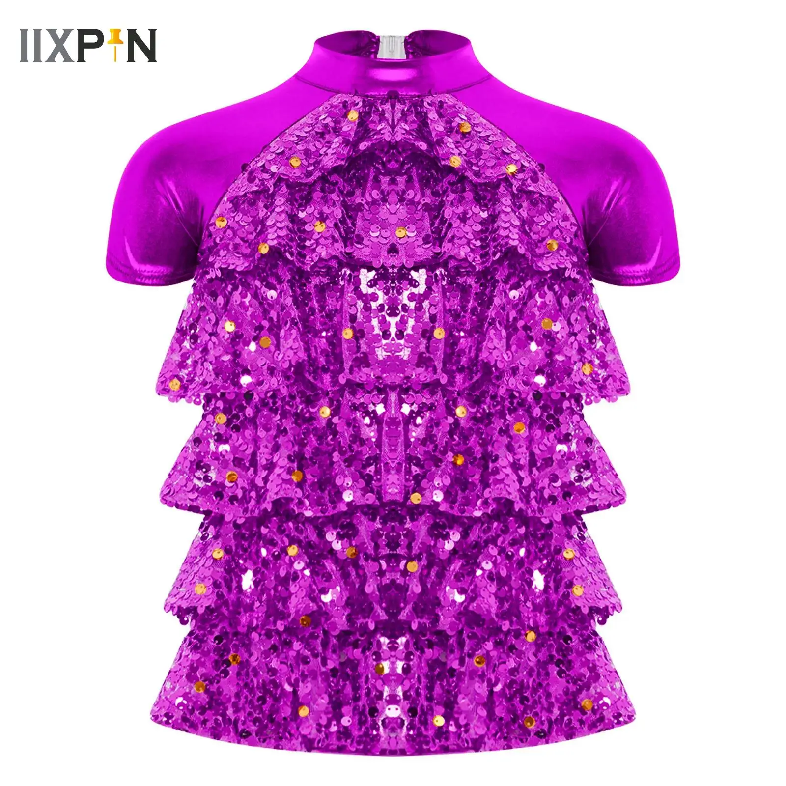 

Kids Girls Jazz Hip-hop Dance Performance Costume Latin Dance Tops Short Sleeve Sequins Mesh Tiered Crop Top Athletic T-Shirts
