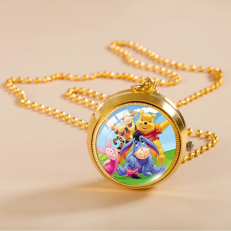 Disney Pooh Bear Flip Cover Pocket Watch Tigger Piglet Winnie Cosplay Vintage Personality Cabochon Pendant Necklace Watches Gift