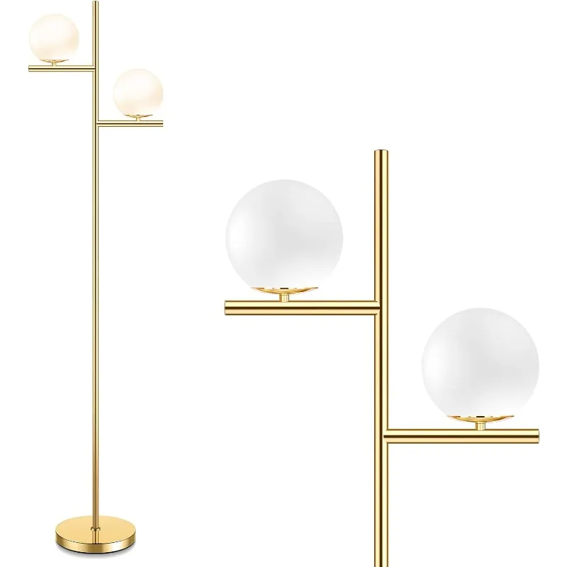 

Floor Lamp - 2 Globe Modern Standing Lamp with Foot Pedal, Frosted Glass Stand Up Lights,Contemporary LED Antique Brass