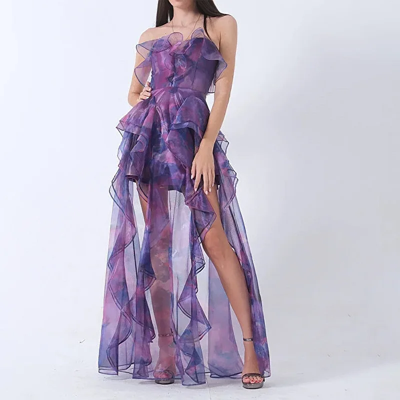 Resort-Stil Damen Sommerkleider, Elegantes Chiffon Off-Shoulder Blumenmuster Gerafftes Bodycon Party-Abendkleid