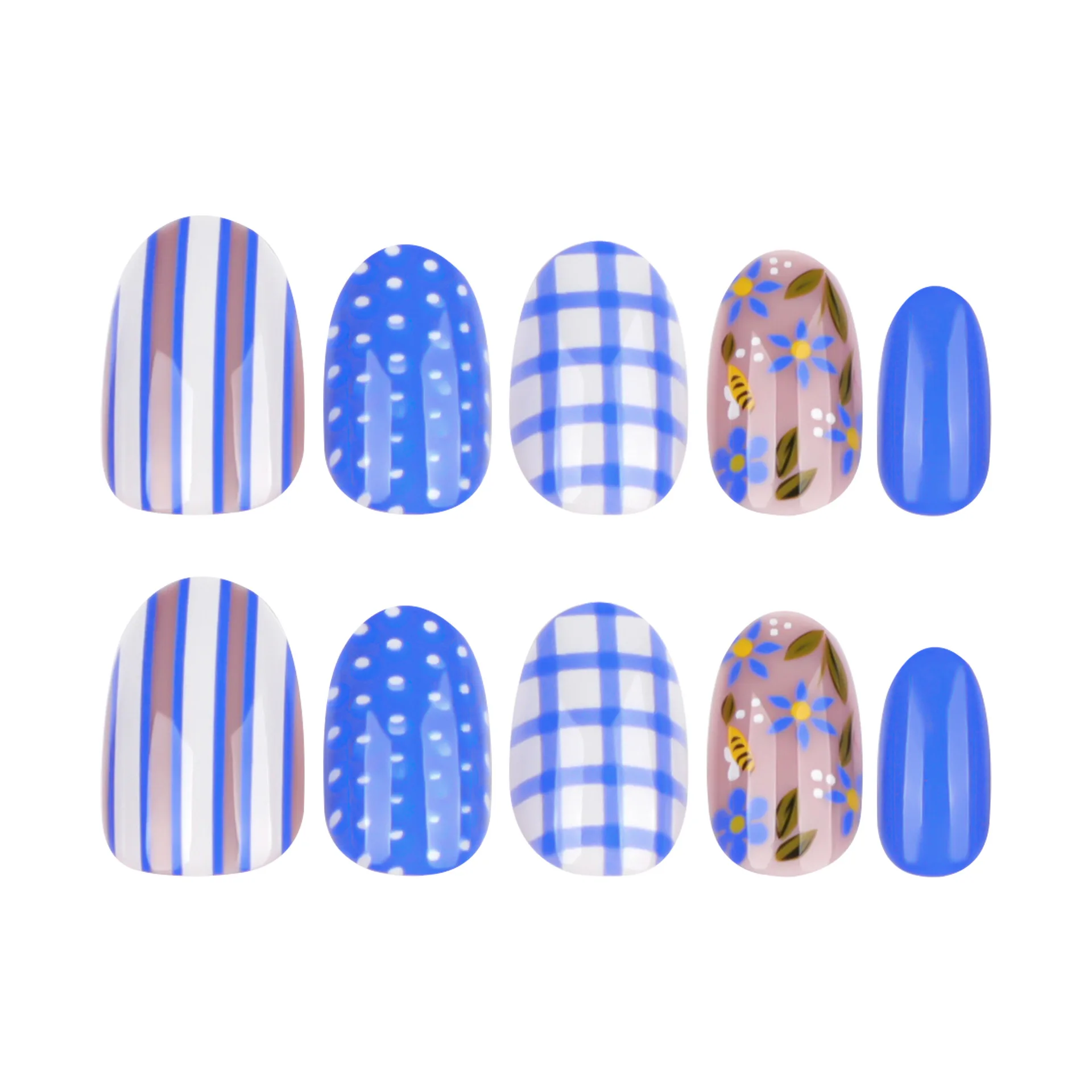 

24Pcs Short Almond Press on Nails - Blue & White Gingham Pattern with Polka Dots Floral Accents and Vertical Stripes