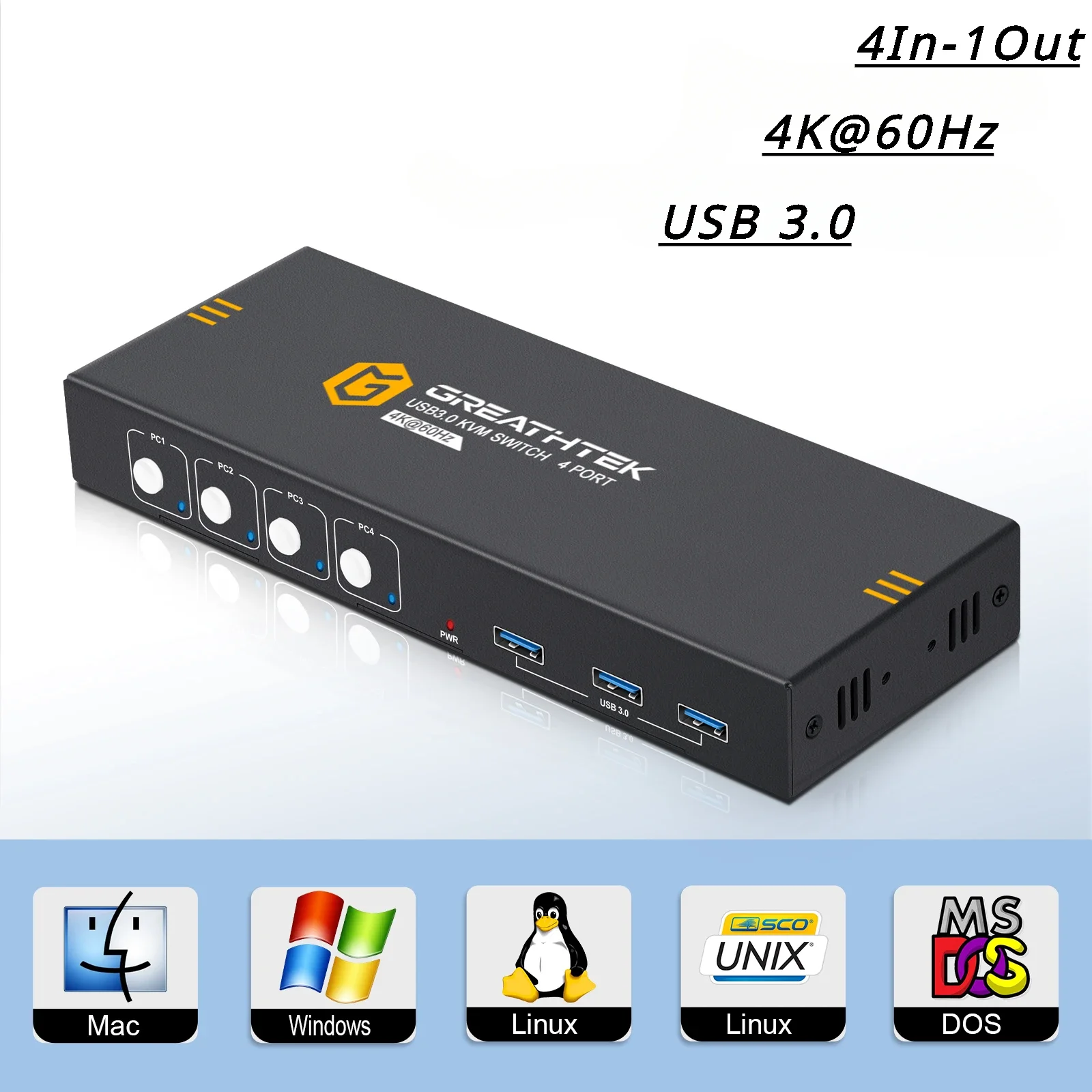 USB3.0 KVM Switch HDMI 4K@60Hz for 4 Computers Share 1 Monitor Share Keyboard Mouse  Support Button Switch Plug and Play