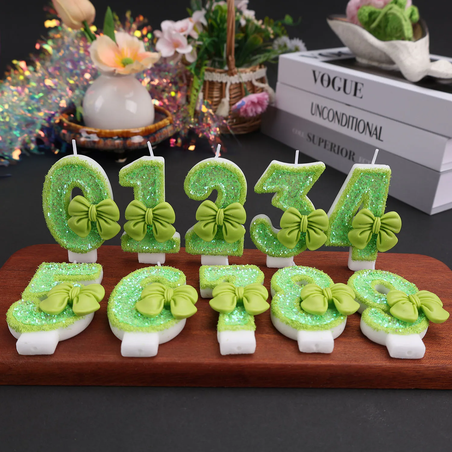 Eclectic and fresh digital birthday candles - avocado green bow decoration candles, holiday anniversary candles, party gifts