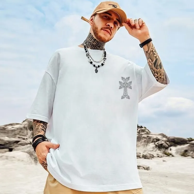 M-8XL Men's T-shirt Oversized Loose and Fashionable Cross Print T-shirt Student Youth Simple Casual Top Summer Couple Outfit image 4