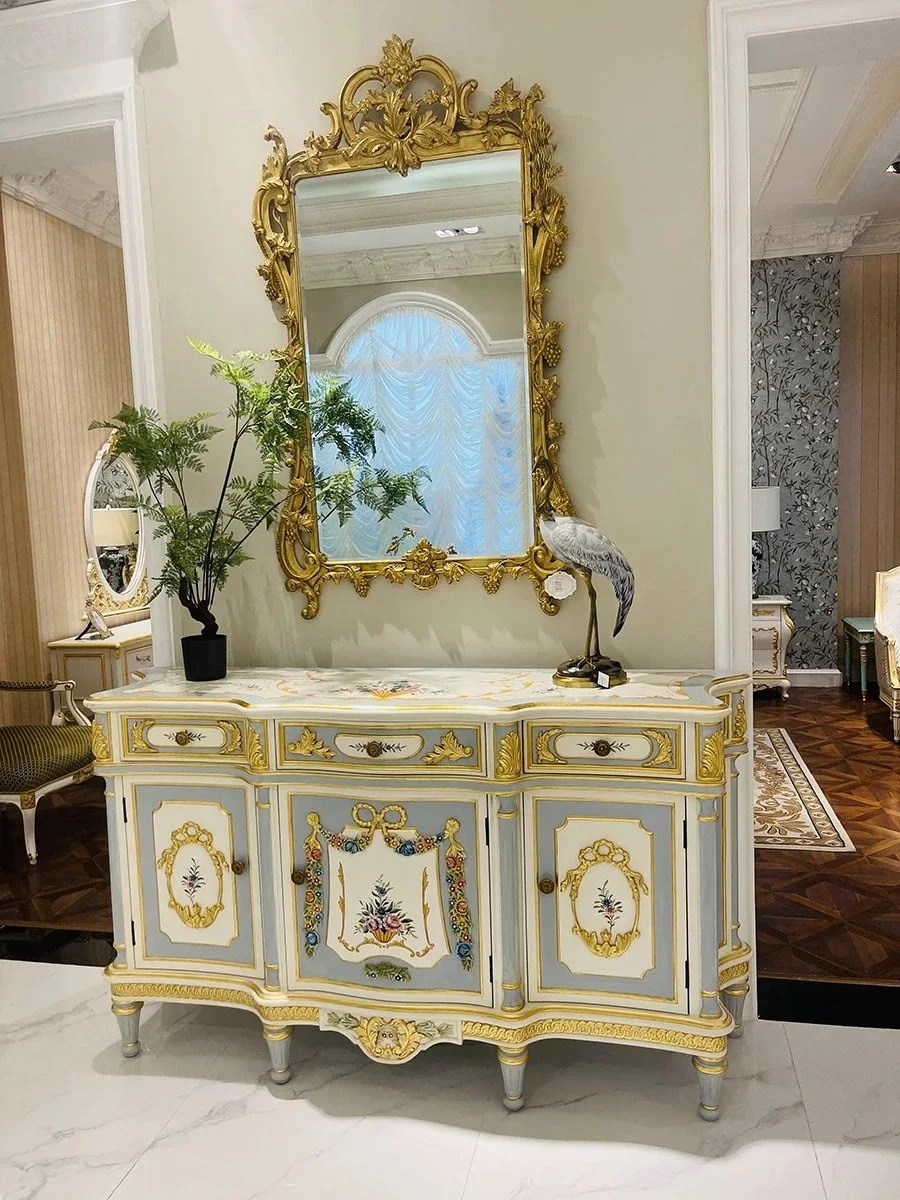 

French retro heavy industry hand-painted art pure solid wood flowers old living room foyer cabinet decorative cabinet