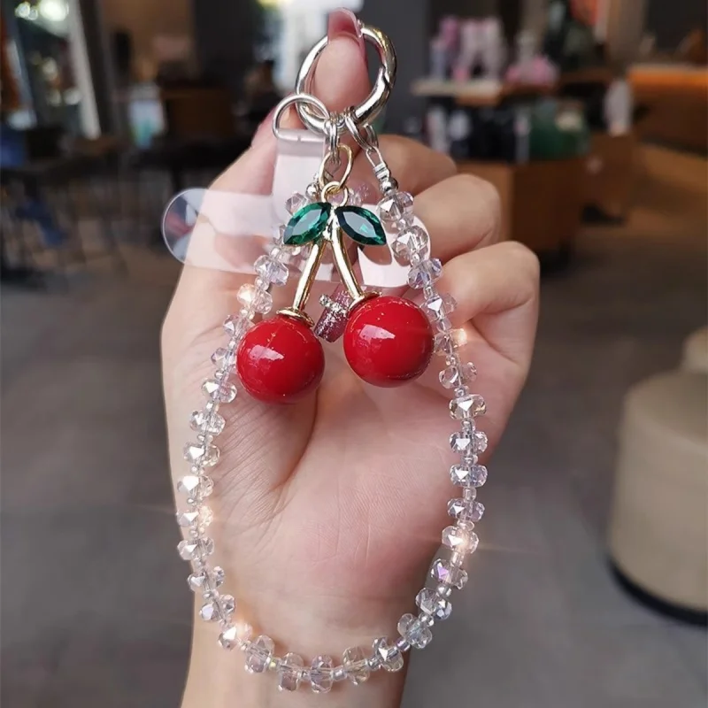 Korea Cherry Acrylic Beaded Phone Charm StrapDesign Mobile Chain Korean Fashion Cellphone Lanyard Keychain Bag Earphones Pendant