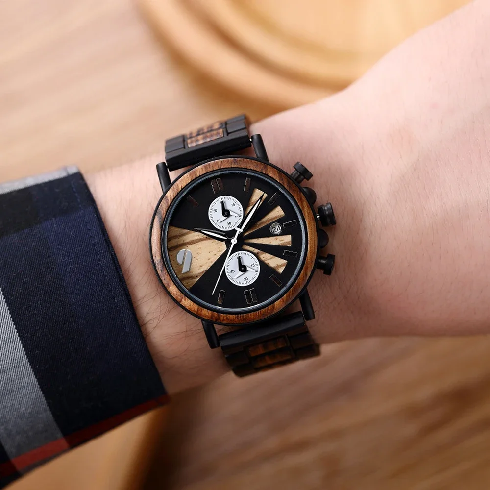 KityKiss стальные и деревянные многофункциональные мужские часы с двойным часовым поясом, повседневные модные кварцевые часы, высококачественные подарочные деревянные часы