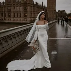 Vestido de novia blanco sirena de satén moderno, manga larga, hombros descubiertos, elegante, sin tirantes, sin espalda, con botón, personalizado