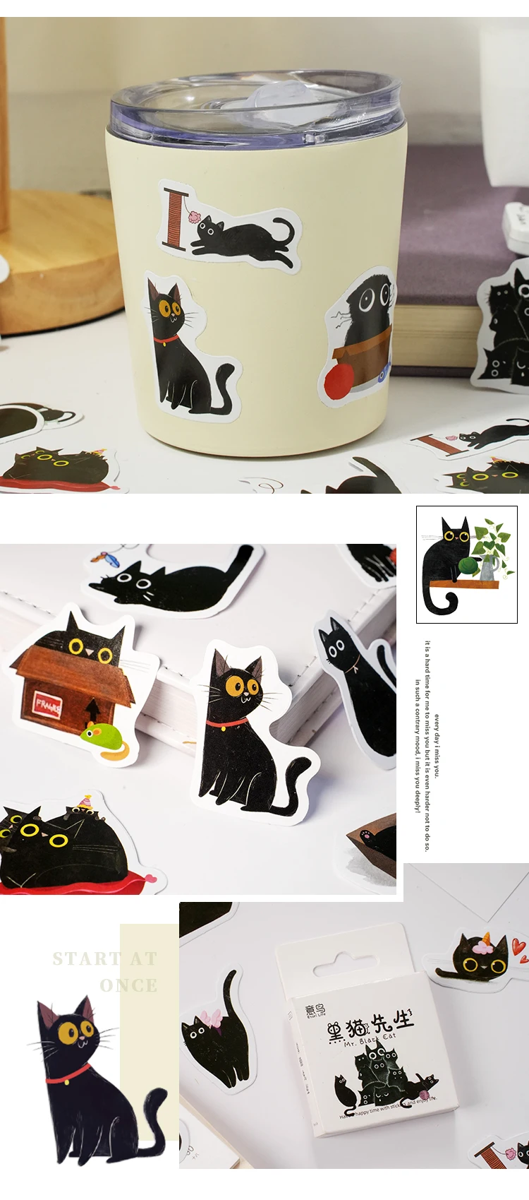 45Pcs/Box Black Cat Theme Stickers Decoration Kawaii Cute Cats Stickers Self-adhesive Scrapbooking Stickers For Laptop Planners