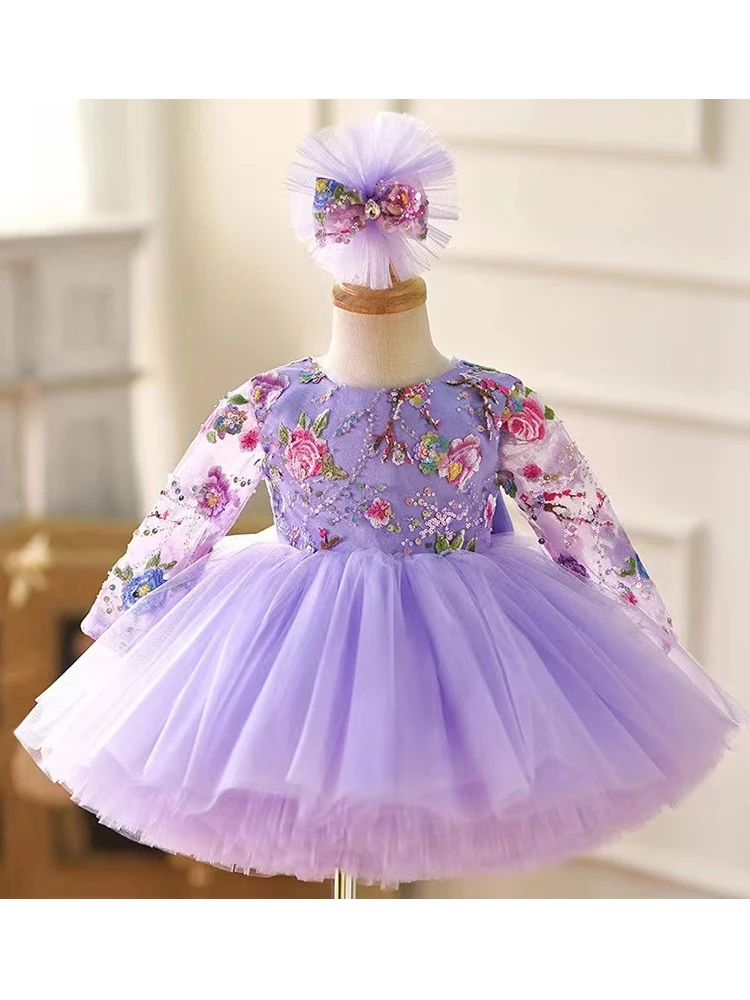 Cute Girls' 1-Year-Old Dress Pink Mori Flower Fairy Style Long-Sleeved Puffy Vessel Gown Dream Purple for Banquets