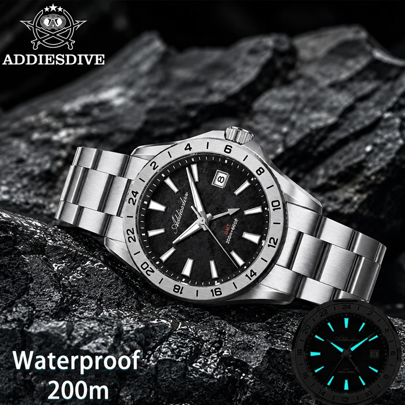 

ADDIESDIVE New Men Watch GMT 200m Diving Waterproof Sapphire Quartz Wristwatch Stainless Steel Ronda 515-24H Movement 38mm Watch