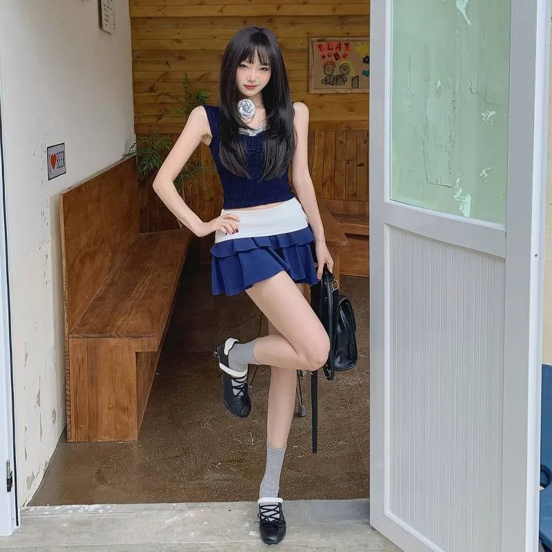 

Summer American Retro High Waisted Contrasting Blue Sweet and Spicy Girl Character Half Body Pleated Mini Skirt Pleated Skirt