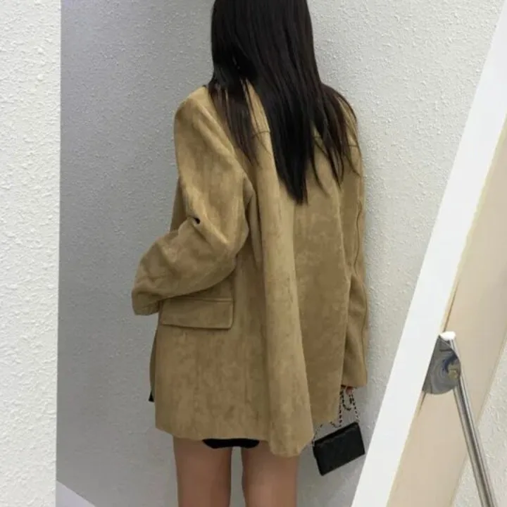 Chic Vintage da donna in pelle Jaet allentato dimagrante bottone singolo sentimenti di fascia alta pelle di cervo abito in velluto Top Quali Faion