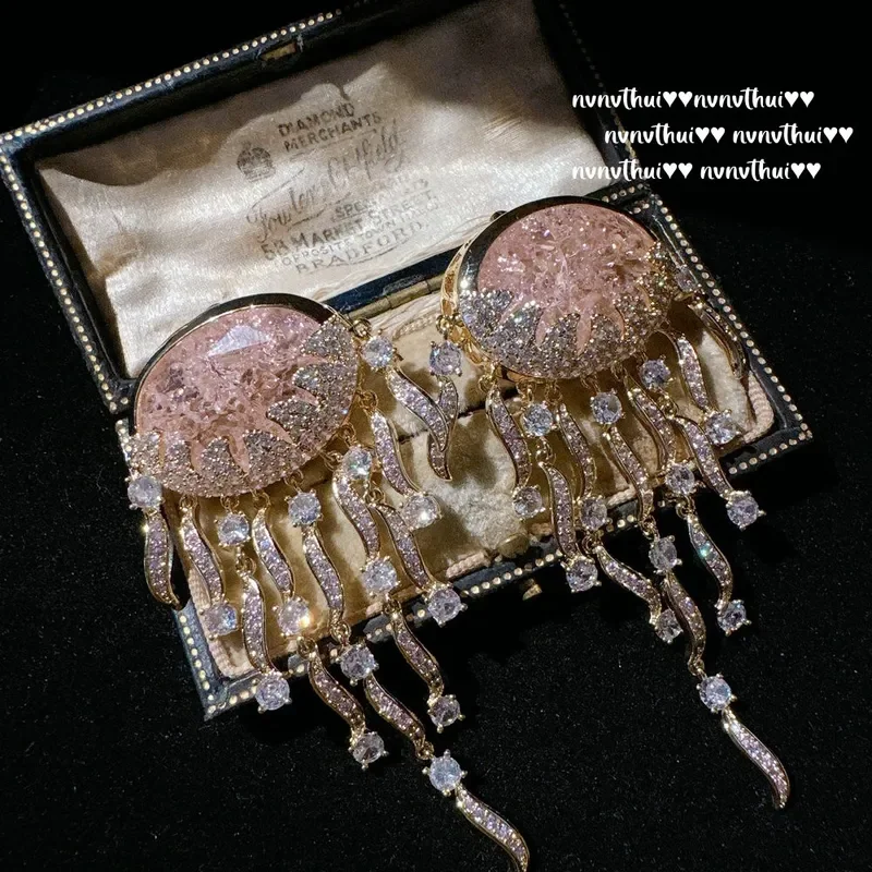 For Sparkling Mica Powder Jellyfish Fringe Gemstone Earrings Egg Shaped Princess Pink Dangle Earrings For Women Party Wedding