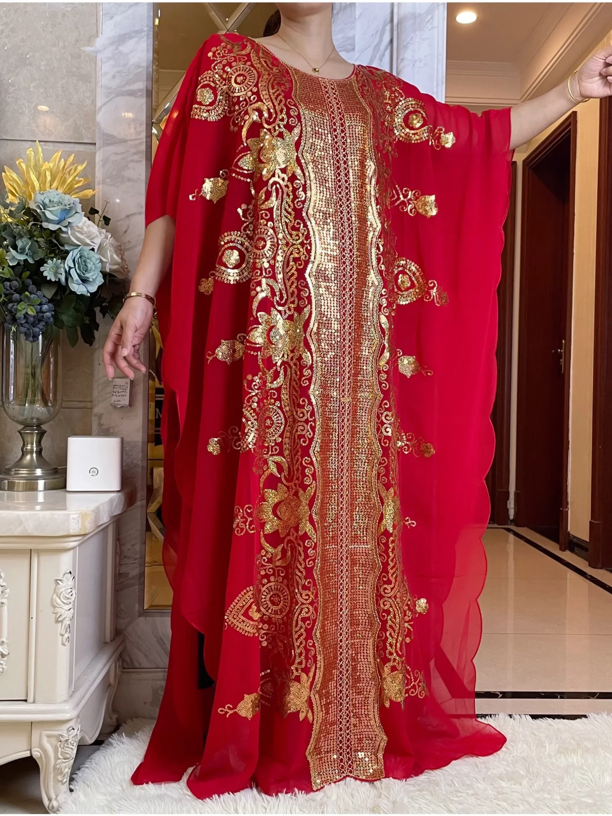 

2026 New African Women's Dashiki Fashion Muslim Abaya Stylish Chiffon Batwing Sleeve Sequin Loose Dress Elegant Robe Free Size