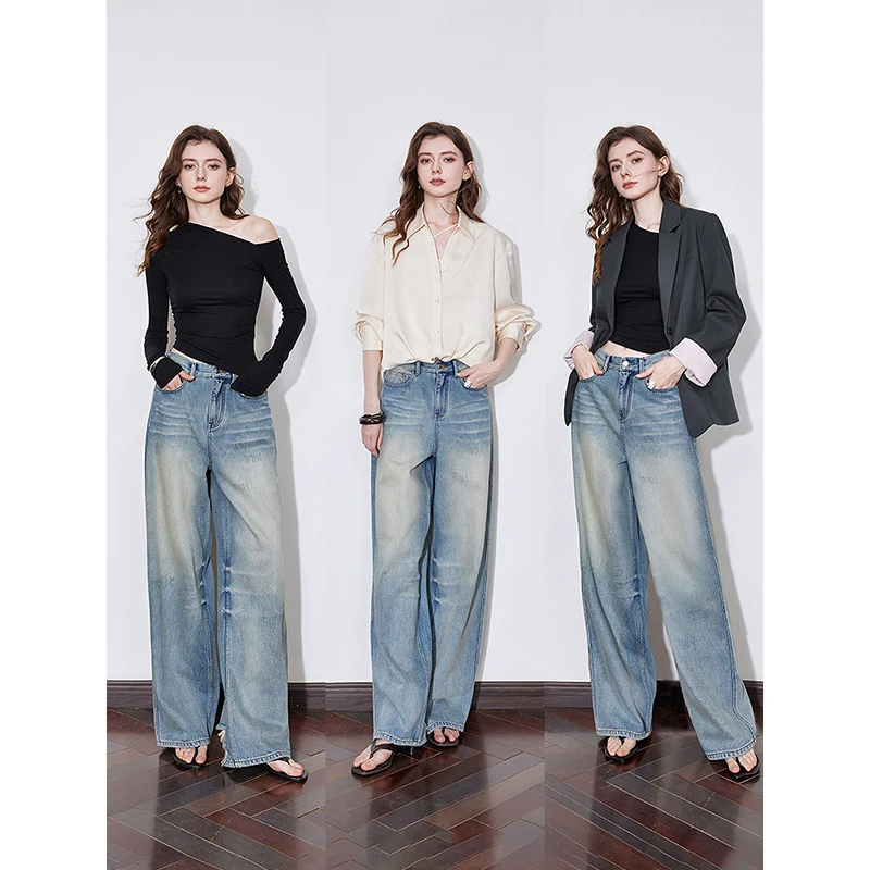 TOYOUTH Women Denim Jeans 2025 Spring New Mid Waist Wide Leg Straight Casual Long Pants