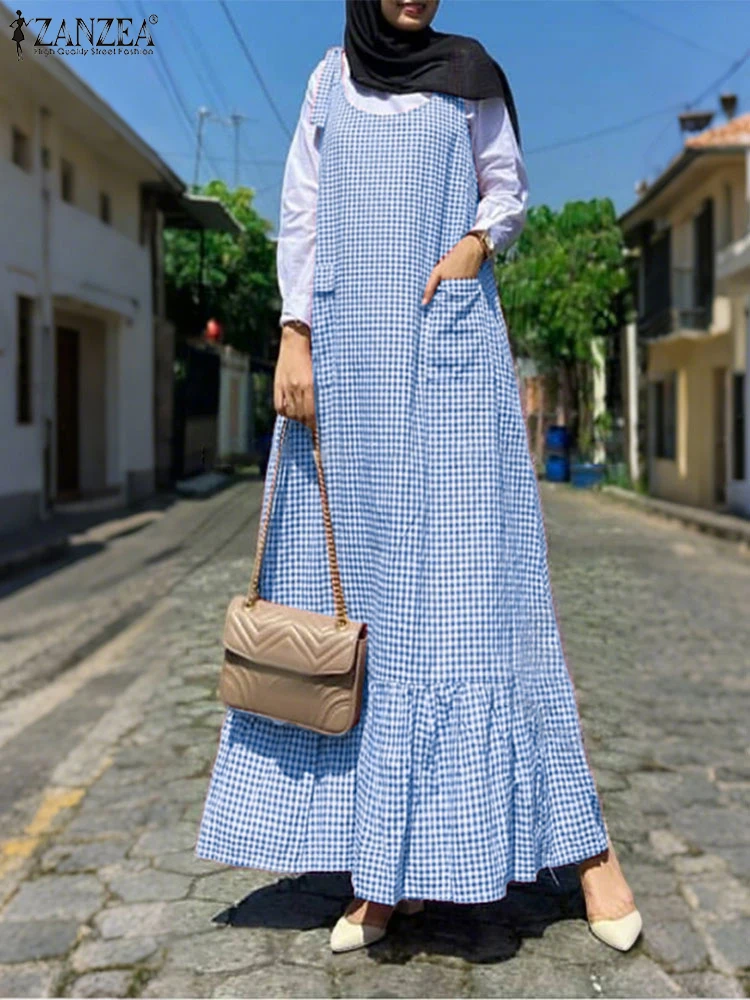 

ZANZEA Gingham Ruffled Hem Overall Vestidos Muslim Fashion Casual Woman Islamic Long Abaya Robes Sleeveless Pinafore Dresses