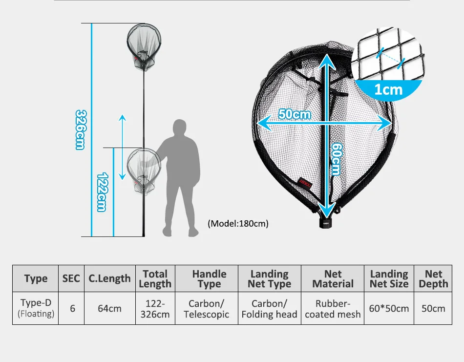 NOEBY Telescopic Landing Net Full Carbon Frame Folding Floating Fishing Net 122-326cm Long Handle 60x50cm