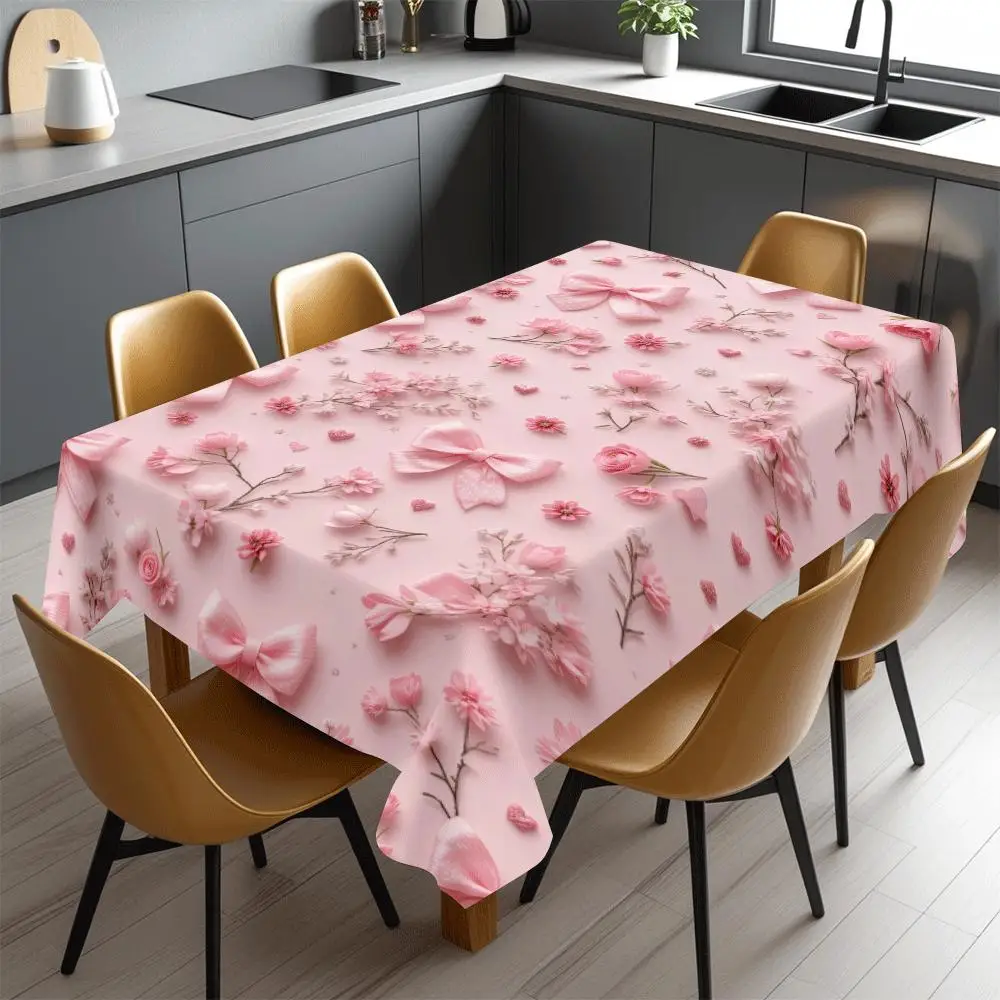 Blossom Bow Tablecloth, Pink Background With Flower Ribbon Pattern, Waterproof Table Cover for Daily Meals & Home Party Use