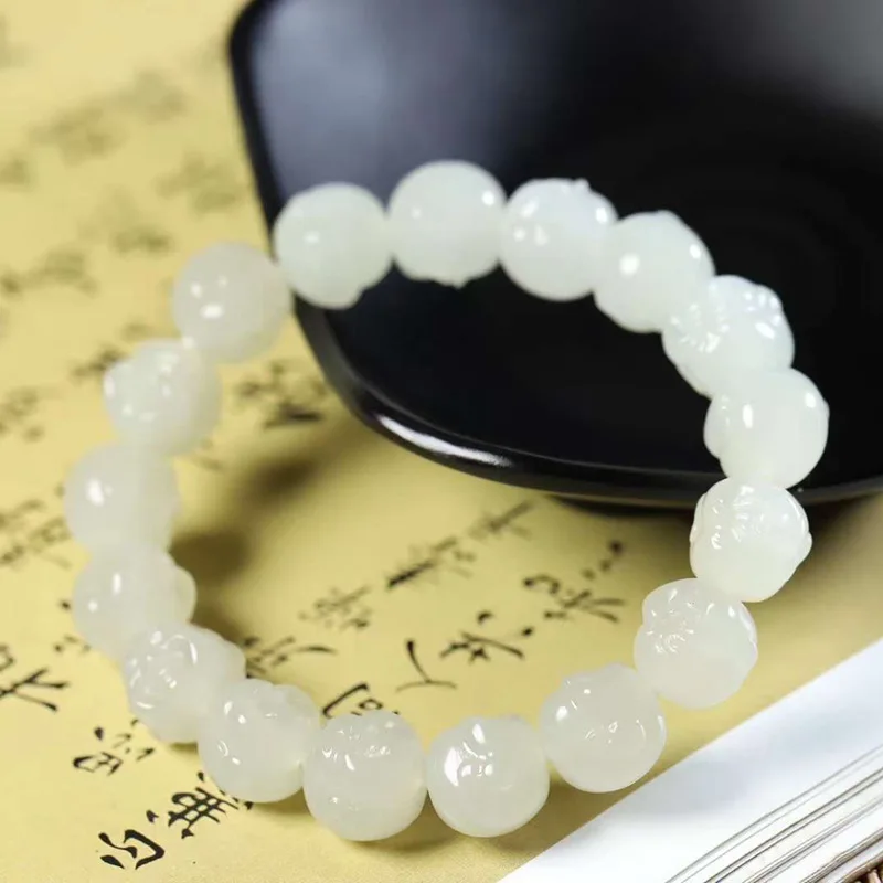 Natural Xinjiang Hetian Jade Qinghai Material Ice Clear Water Buddha Head Carved Men and Women Bracelet