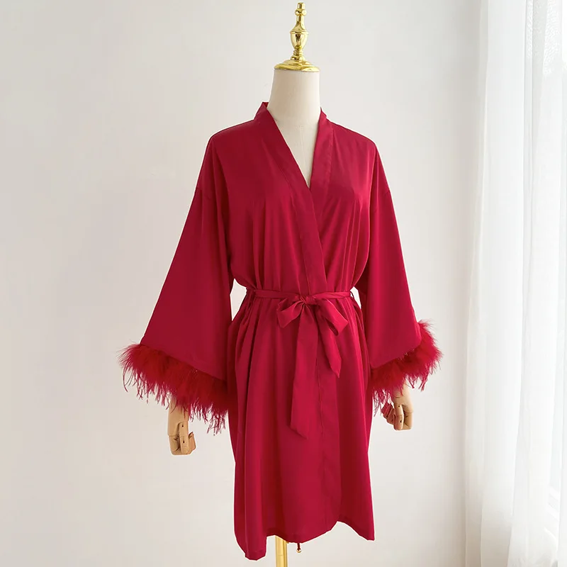 

Sexy Feather Cuffs Women's Bathrobe Dressing Gowns Bride Bridesmaid Embroidery Wedding Robes Sleepwear
