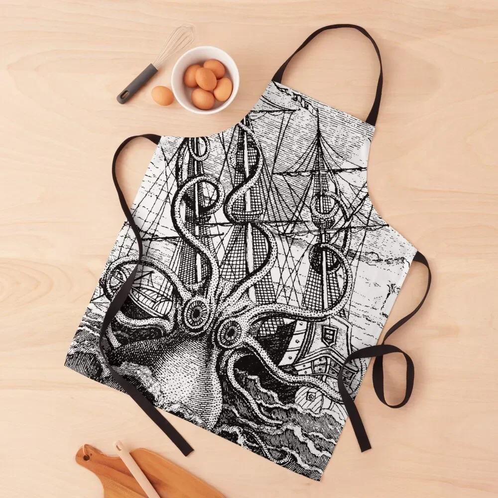 

Vintage Kraken attacking ship illustration with white background Apron Women's cleanings Kitchen For Women Apron