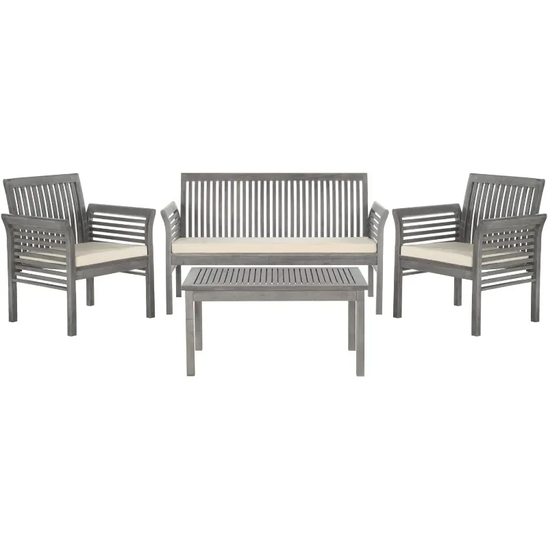 SAFAVIEH Outdoor Collection Carson Grey Wash/ Beige Cushions 4-Piece Conversation Patio Set