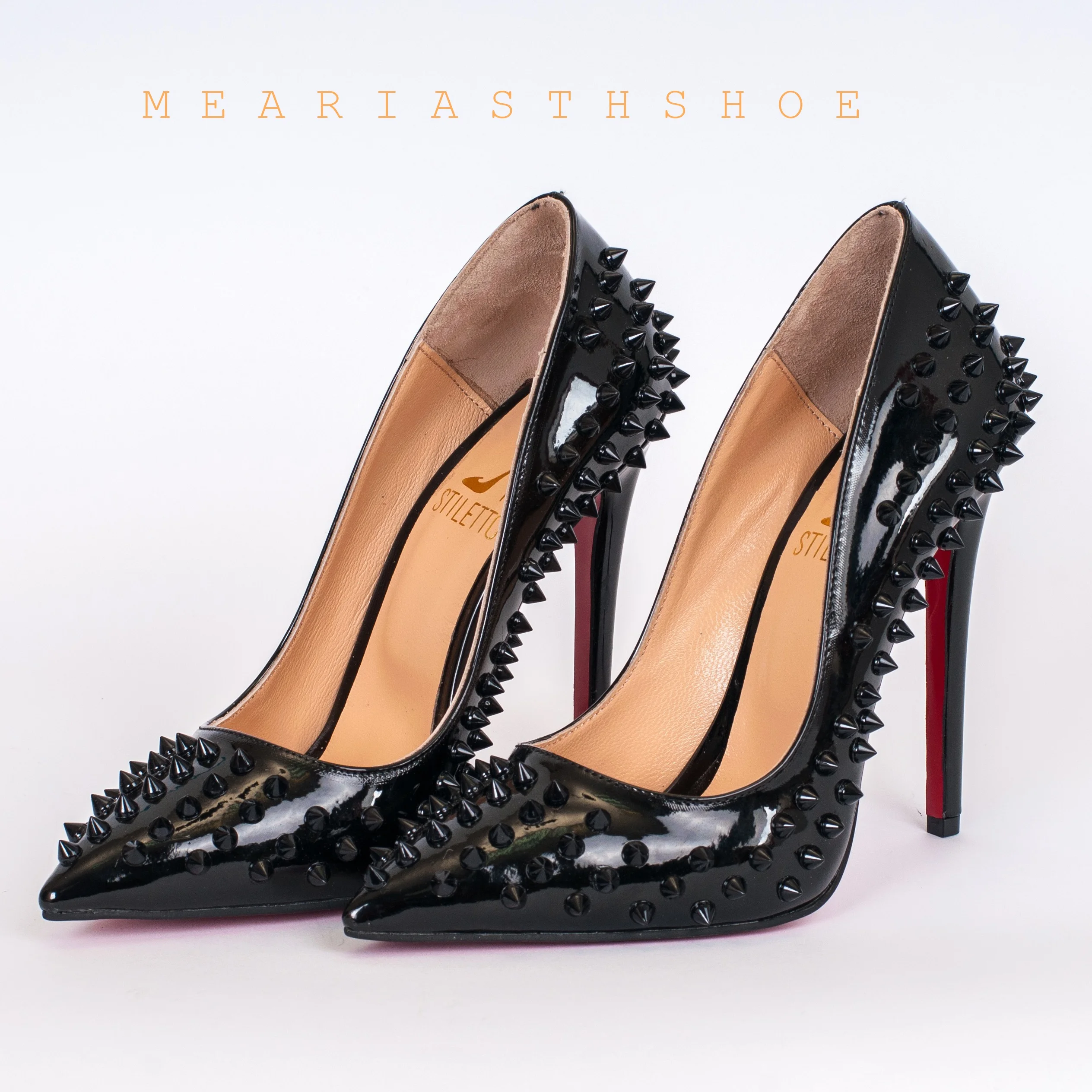 

Super Thin Heel 8 10 12CM Sexy All Spikes Rivets Women Pumps Pointed Toe Super High Heels Party Nightclub Fashion Shoes Size 44