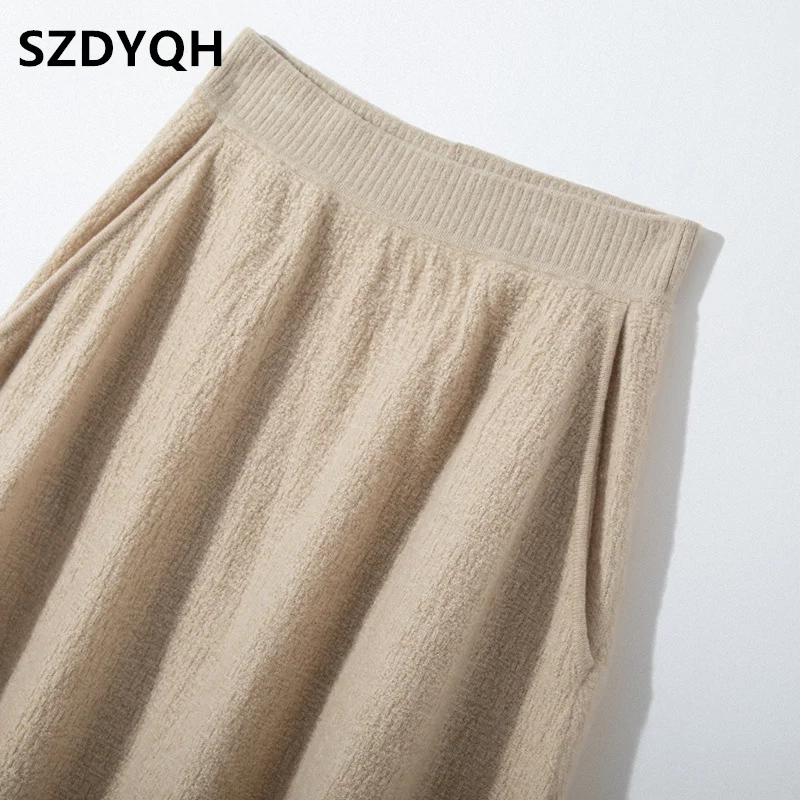 High-end 2023 Autumn and Winter New 100% Cashmere Skirt Women\'s High Waist Skirt Female Fashion Solid Color A Word Knit Skirts