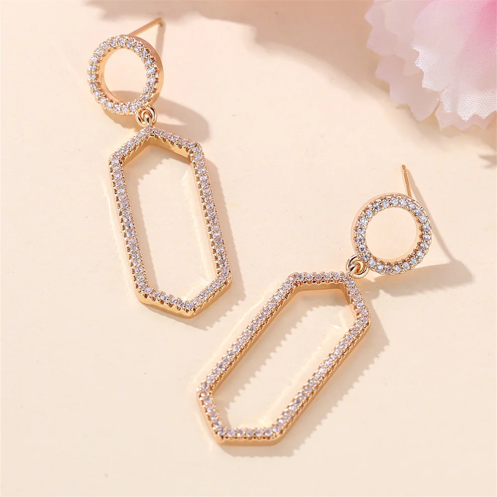 Geometric Hollow Long Tassel Pendant White Zircon Stud Earrings For Women Boho Gold Color Wedding Earring Valentine Jewelry Gift