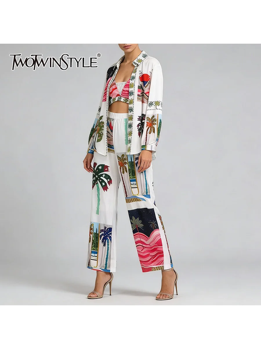 

TWOTWINSTYLE Модные комплекты из трех предметов с принтом для женщин, рубашка с длинными рукавами и лацканами, жилет с v-образным вырезом, широкие брюки, повседневный комплект, женский