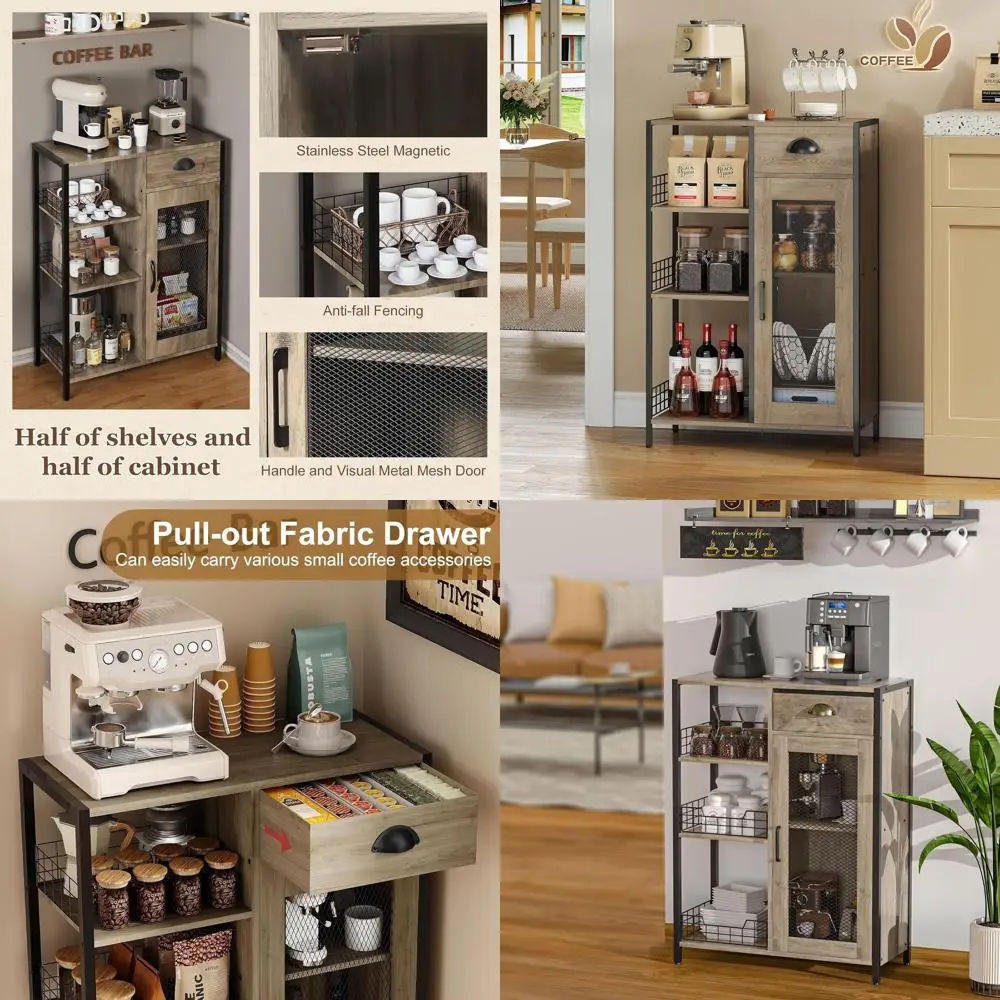 

Farmhouse-Style 3-Tier Coffee Table with Storage Drawer, Adjustable Shelf, 35.8 High, Grey Rustic Wood for Kitchen or Dining Are