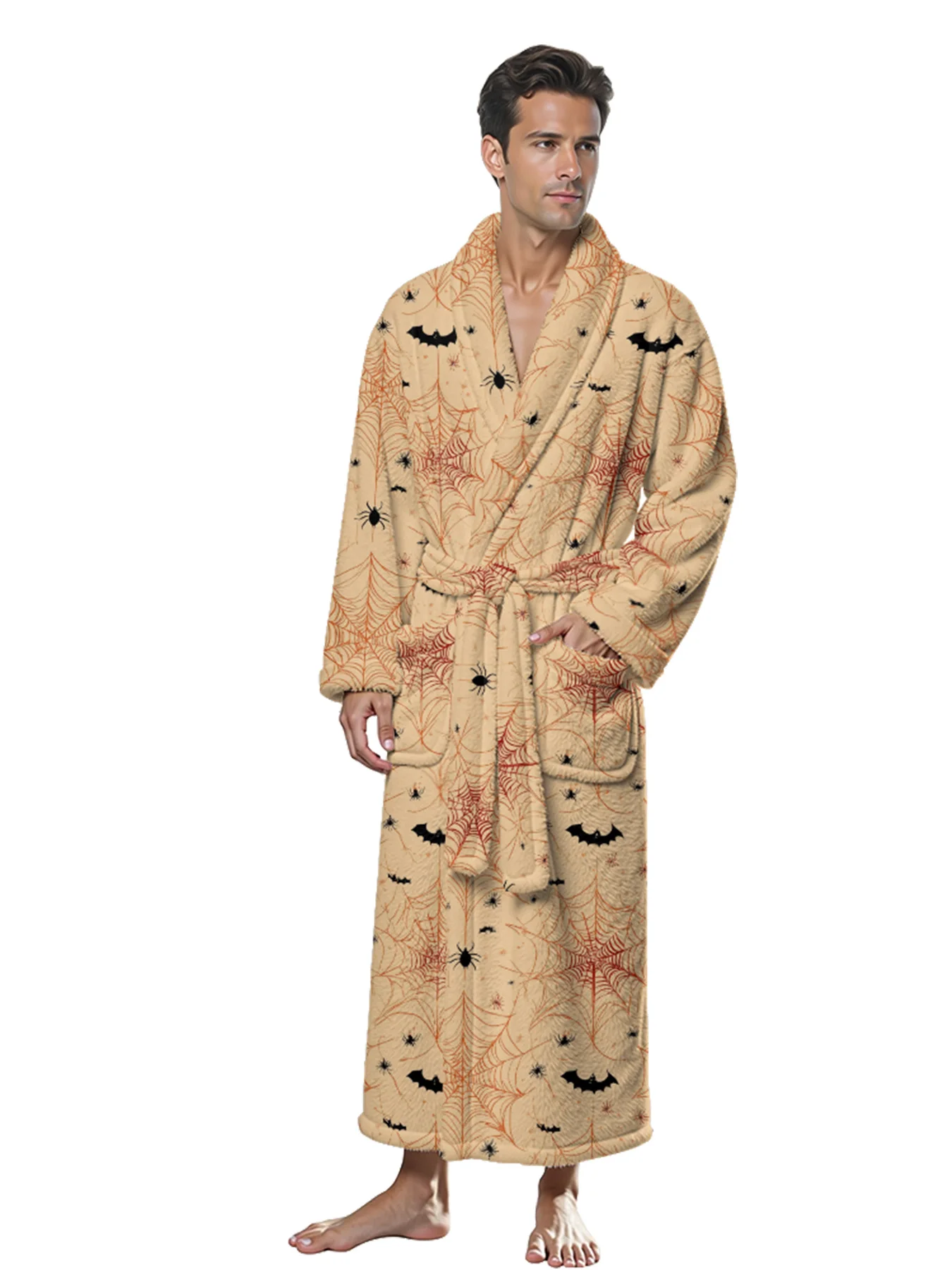 Elegant Beige Halloween Robe Spider-Webs Black Bats Spiders Flannel Shawl-Collar Design Dual Pockets Cozy Seasonal Comfort