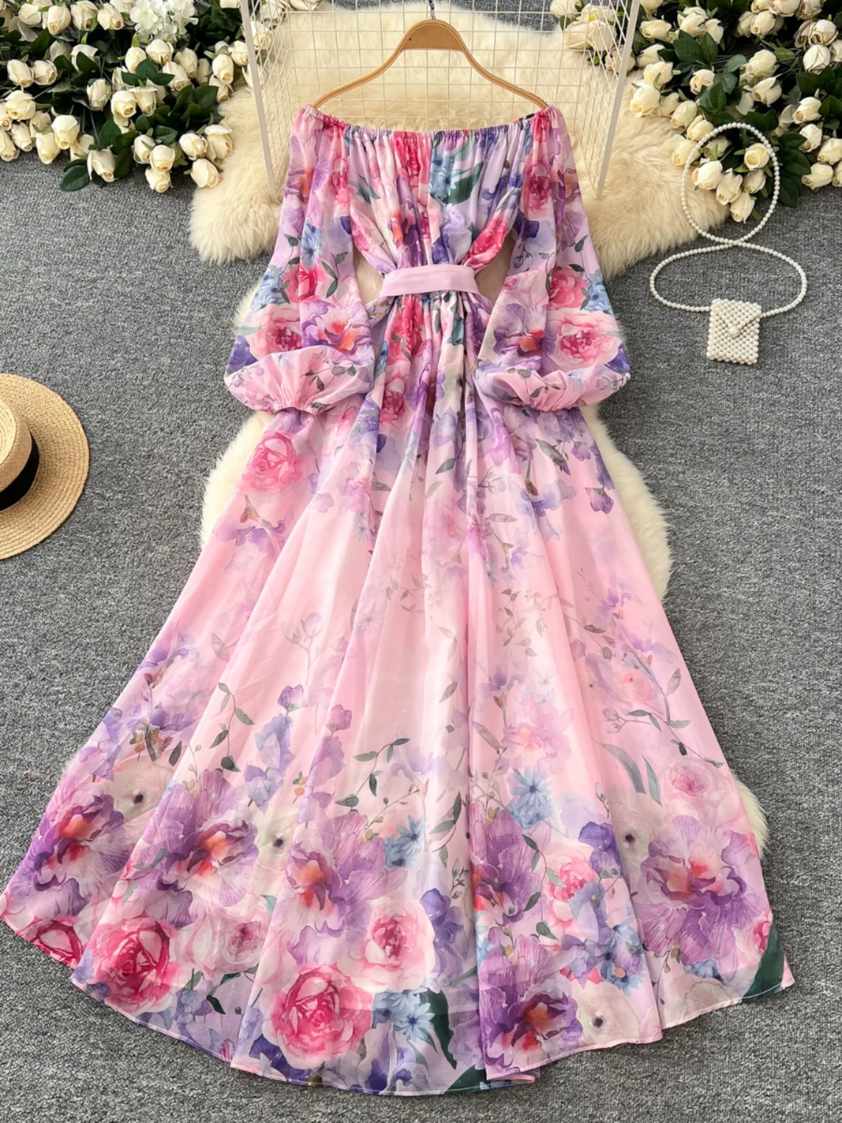 Spring Break Sle หนึ่งไหล่ผูกเอวโคมไฟ Sve พิมพ์ชีฟองยาว Dr เอวสูง A-Line เวอร์ชั่นเกาหลีเดินทาง