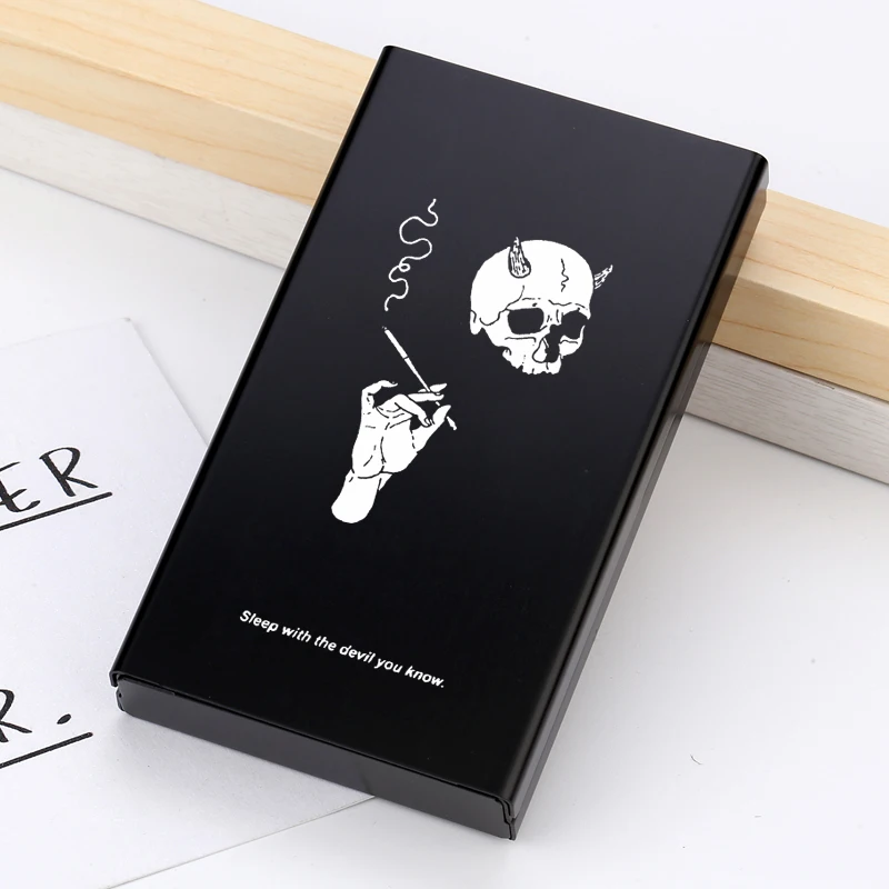 

Slim Lady's Cigarette Box Case For Women Creative Designs Skull Smoking Quotes Aluminum Alloy Metal Red Black Slide Personality