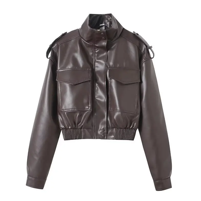 Women's outerwear autumn European and American women's long sleeved slim fit faux leather short jacket jacket