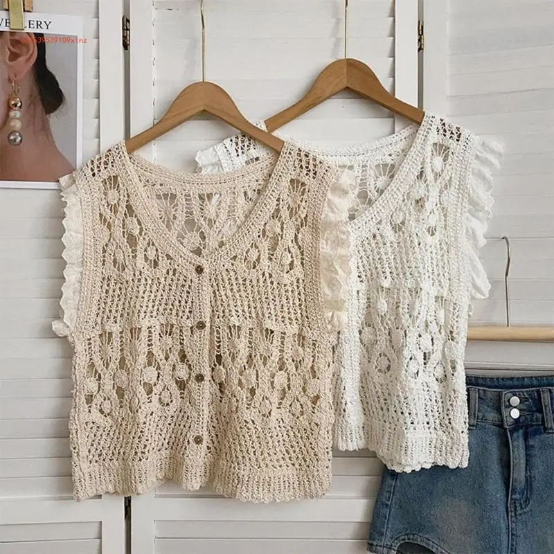 Women Sleeveless Tanks Top Casual Loose Lace Crochet Vest Hollow Camisole