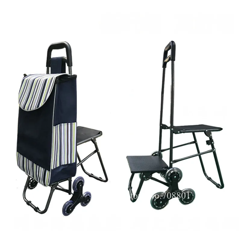 Stair Climbing Fold Utility Cart with Built-In Seat for Laundry Grocery Shopping Home Trolley With Chair