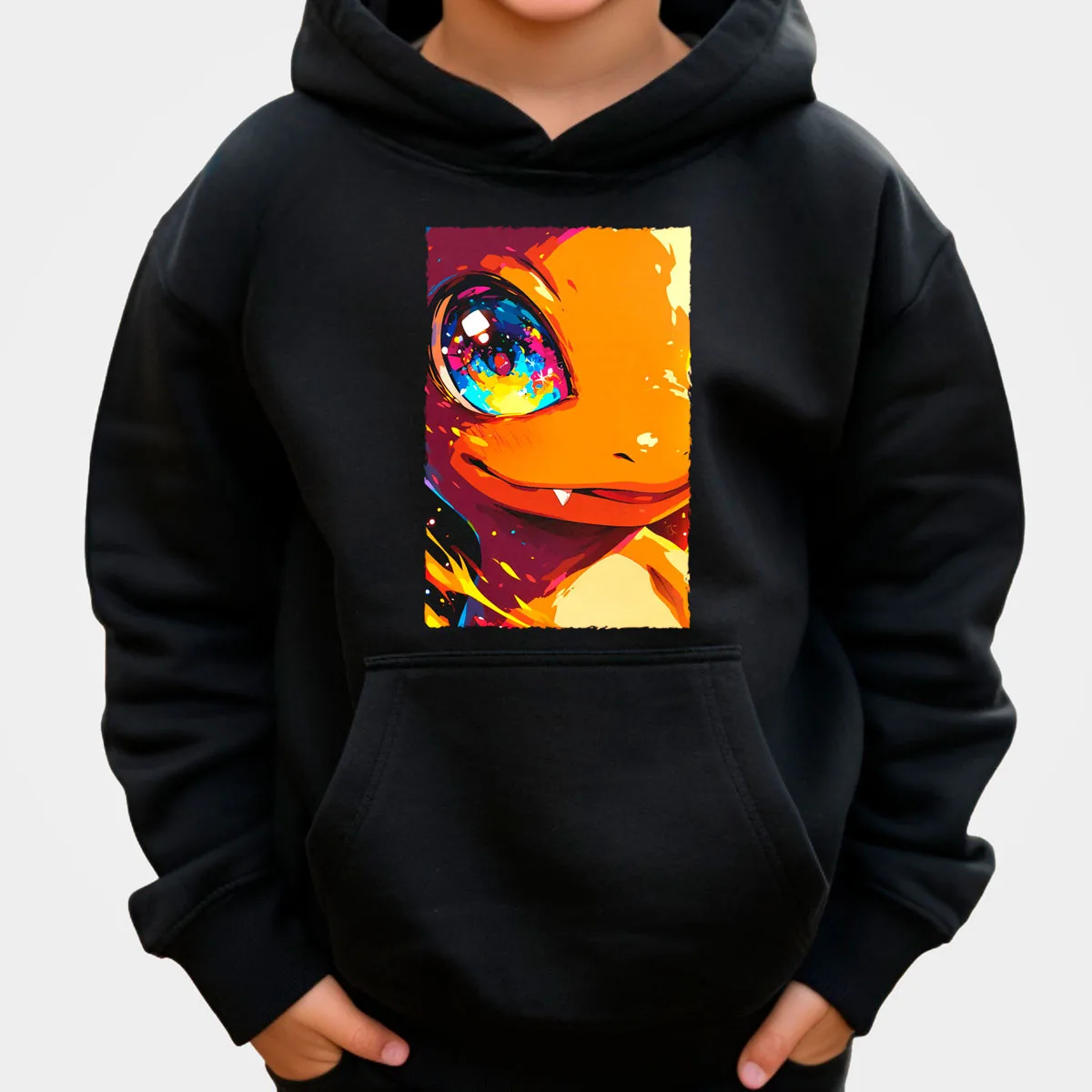 

Pokemon Anime Cotton Hoodie Black Color Orange Creature with Large Eyes Rainbow Color Eyes Loose Fit Casual Style