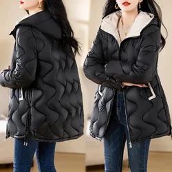 Mid-Length Down Padded Jacket Women New Winter Parkas Korean Hooded Zipper Thick Wwarm Cotton Coat Female Loose Overcoat B567