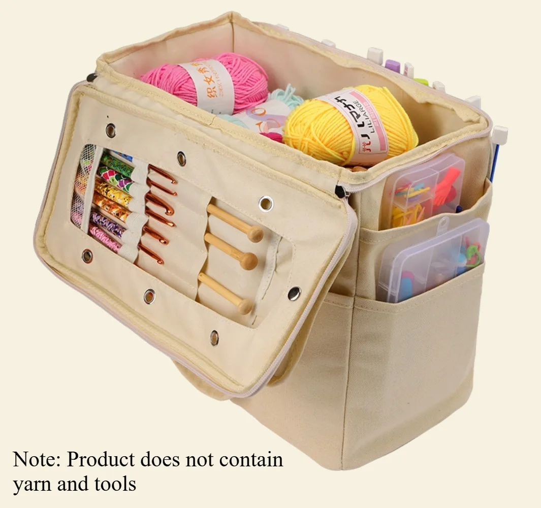 Handmade Woven Canvas Yarn Storage Bag With Multiple Pockets & Thread Holes, Birthday Gift for Crochet Lovers Moms Grandmas