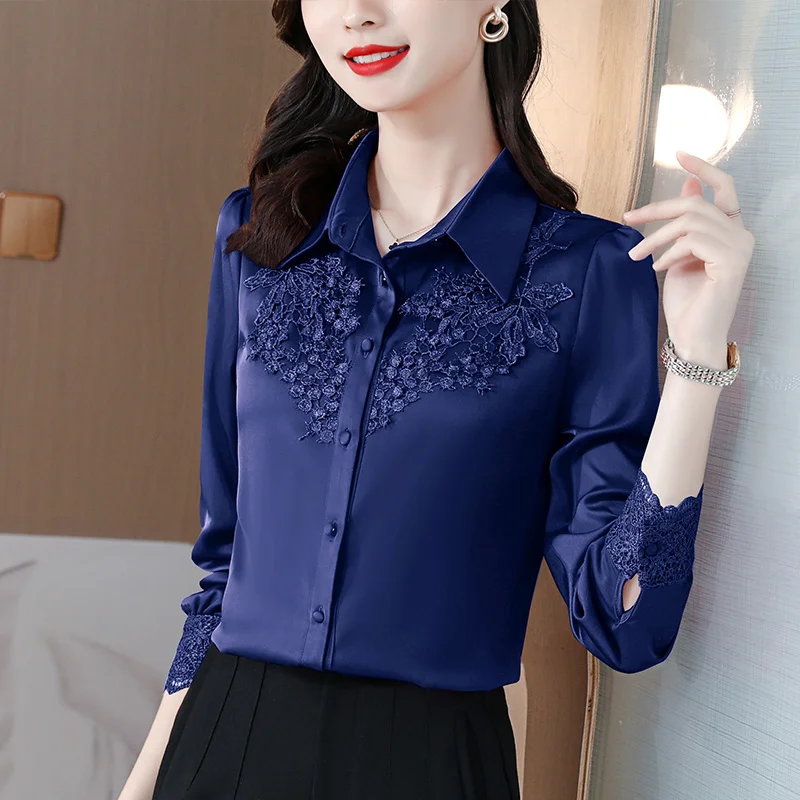 #2550 Red Blue Beige Satin Shirt Women Embroidery Flower Office Shirt Long Sleeve Elegant Vintage Woman Shirts Polo Neck Spring