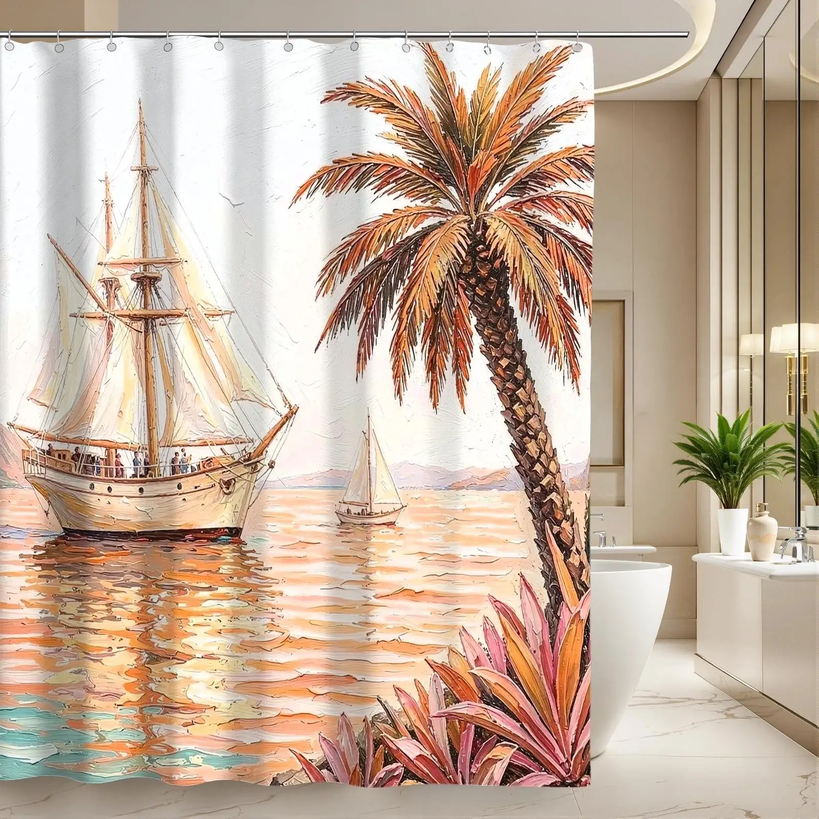 Tropical Sunset Sailing Boat Beach Scene Shower Curtain Bathroom Decor Coastal Nautical Style