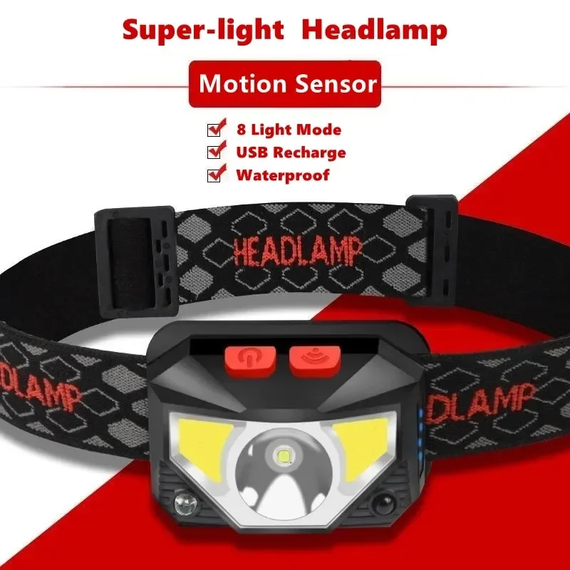 

8 Modes Handfress Motion Sensor Powerful LED Headlight headlamp Lamp COB Flashlight Torch light Camping, fishing