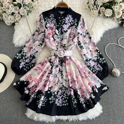 Neploe High Waist A-line Stand Collar Lantern Sleeve Vestidos Print French Style Vintage Slim Fit Femme Robe Court Belt Dresses