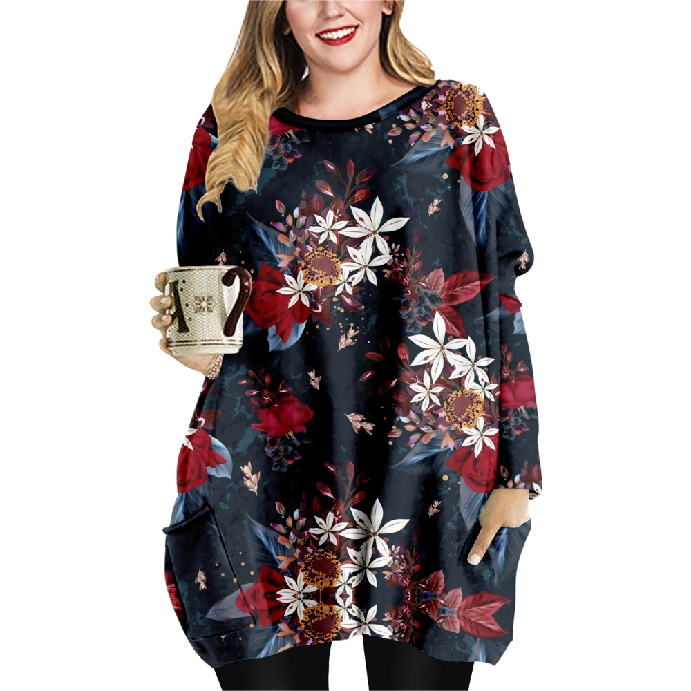 Retro flowers Print  Loose Casual Style Ladies T-shirt Double Pocket Dress Round Neck Long Sleeve Dress-