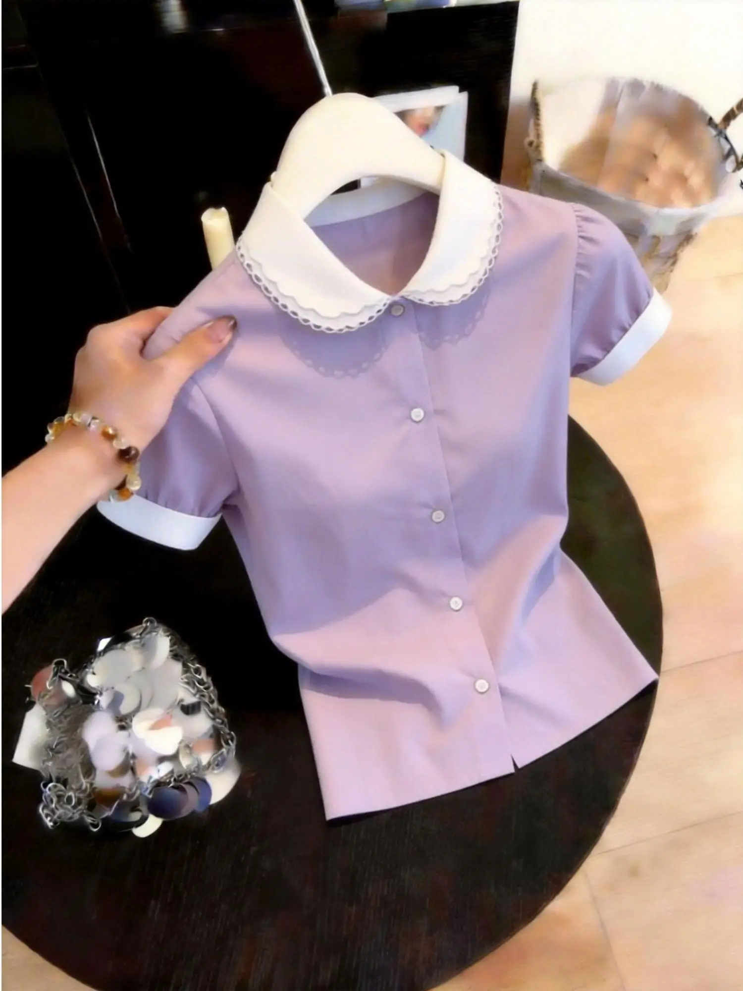 

Fashionable Short Sleeve Turn-down Collar Shirt for plus Size Women Breathable Skin-friendly Korean Style Slim Fit Top